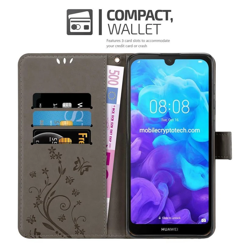 Cadorabo Hülle kompatibel mit Huawei Y6 PRO 2019 Schutzhülle im Blumen Design mit Magnetverschluss, Standfunktion und Kartenfächern