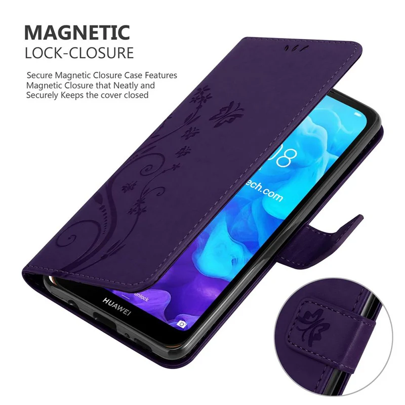 Cadorabo Hülle kompatibel mit Huawei Y6 PRO 2019 Schutzhülle im Blumen Design mit Magnetverschluss, Standfunktion und Kartenfächern
