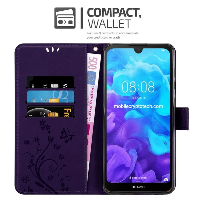 Cadorabo Hülle kompatibel mit Huawei Y6 PRO 2019 Schutzhülle im Blumen Design mit Magnetverschluss, Standfunktion und Kartenfächern