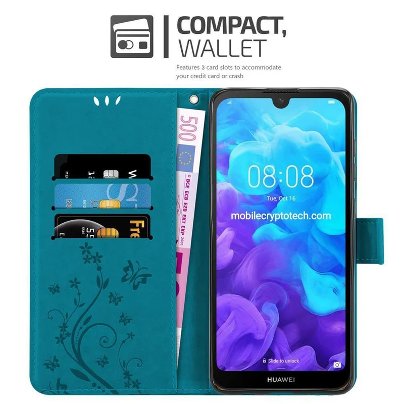 Cadorabo Hülle kompatibel mit Huawei Y6 PRO 2019 Schutzhülle im Blumen Design mit Magnetverschluss, Standfunktion und Kartenfächern