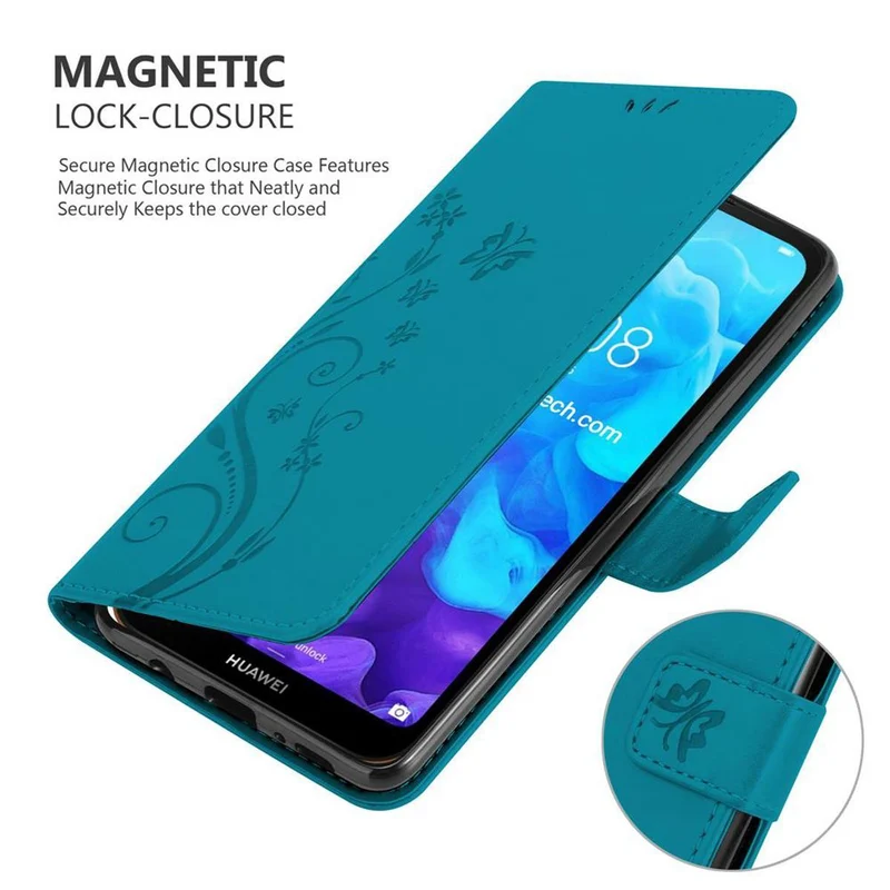Cadorabo Hülle kompatibel mit Huawei Y6 PRO 2019 Schutzhülle im Blumen Design mit Magnetverschluss, Standfunktion und Kartenfächern