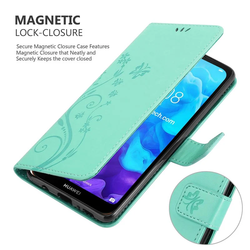 Cadorabo Hülle kompatibel mit Huawei Y6 PRO 2019 Schutzhülle im Blumen Design mit Magnetverschluss, Standfunktion und Kartenfächern