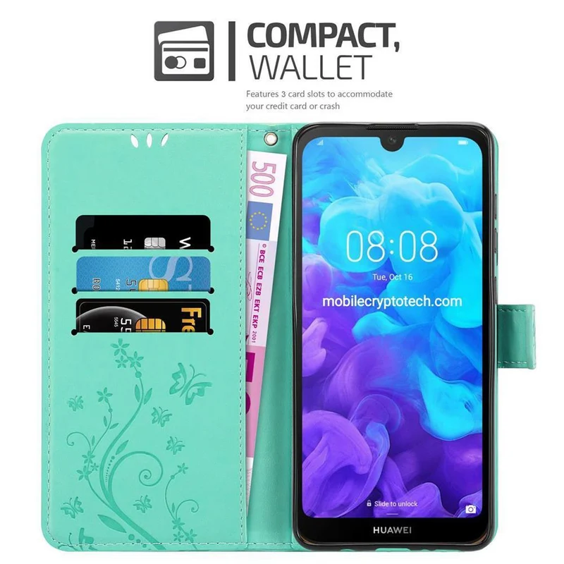 Cadorabo Hülle kompatibel mit Huawei Y6 PRO 2019 Schutzhülle im Blumen Design mit Magnetverschluss, Standfunktion und Kartenfächern