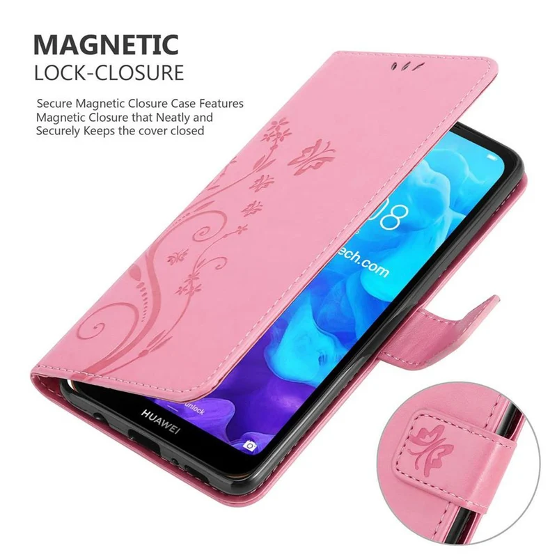 Cadorabo Hülle kompatibel mit Huawei Y6 PRO 2019 Schutzhülle im Blumen Design mit Magnetverschluss, Standfunktion und Kartenfächern