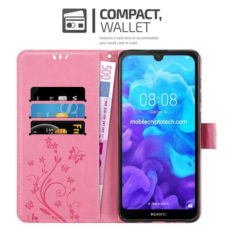 Cadorabo Hülle kompatibel mit Huawei Y6 PRO 2019 Schutzhülle im Blumen Design mit Magnetverschluss, Standfunktion und Kartenfächern