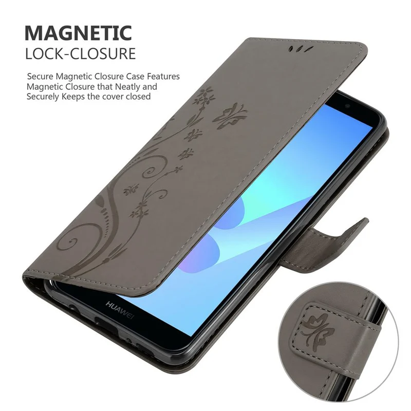 Cadorabo Hülle kompatibel mit Honor 7A / Huawei Y6 PRIME 2018 Schutzhülle im Blumen Design mit Magnetverschluss, Standfunktion und Kartenfächern