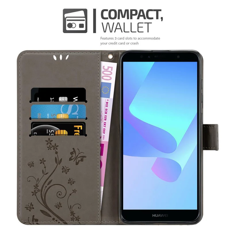 Cadorabo Hülle kompatibel mit Honor 7A / Huawei Y6 PRIME 2018 Schutzhülle im Blumen Design mit Magnetverschluss, Standfunktion und Kartenfächern