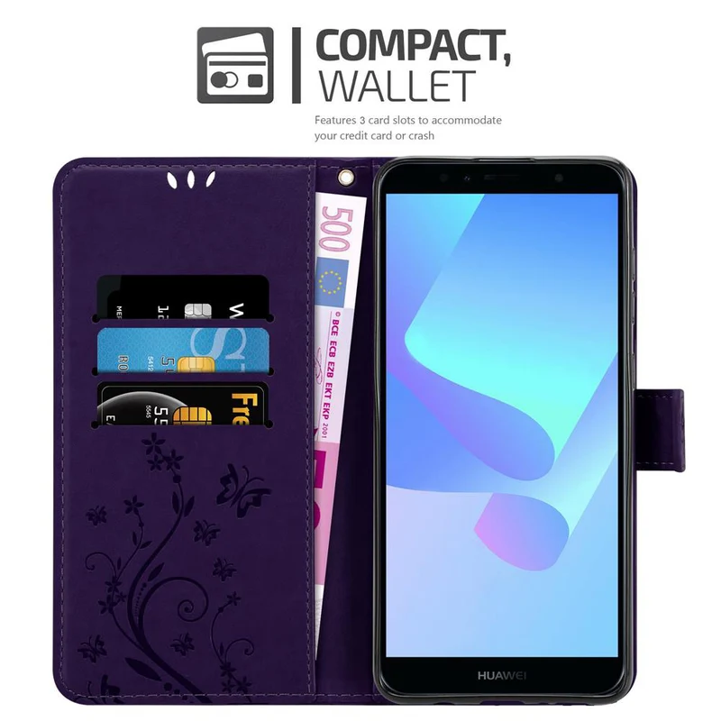Cadorabo Hülle kompatibel mit Honor 7A / Huawei Y6 PRIME 2018 Schutzhülle im Blumen Design mit Magnetverschluss, Standfunktion und Kartenfächern