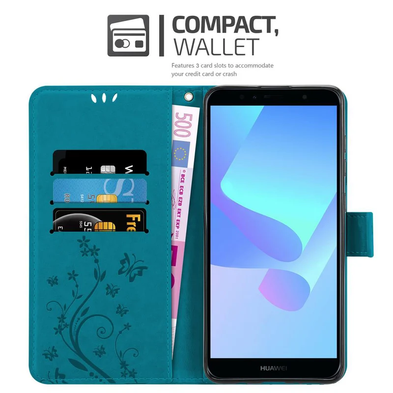 Cadorabo Hülle kompatibel mit Honor 7A / Huawei Y6 PRIME 2018 Schutzhülle im Blumen Design mit Magnetverschluss, Standfunktion und Kartenfächern