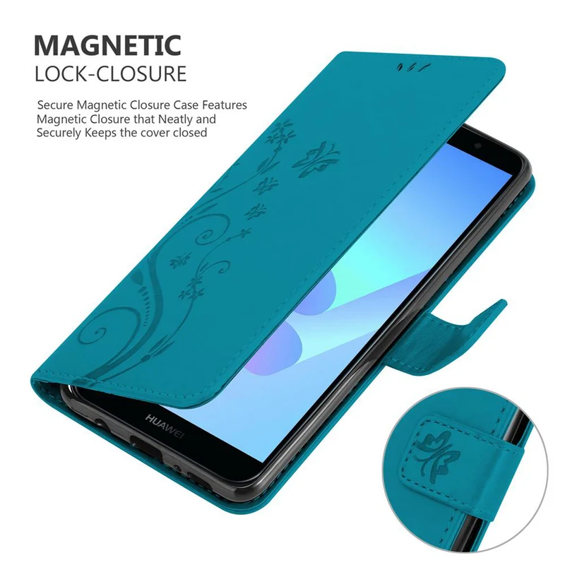 Cadorabo Hülle kompatibel mit Honor 7A / Huawei Y6 PRIME 2018 Schutzhülle im Blumen Design mit Magnetverschluss, Standfunktion und Kartenfächern