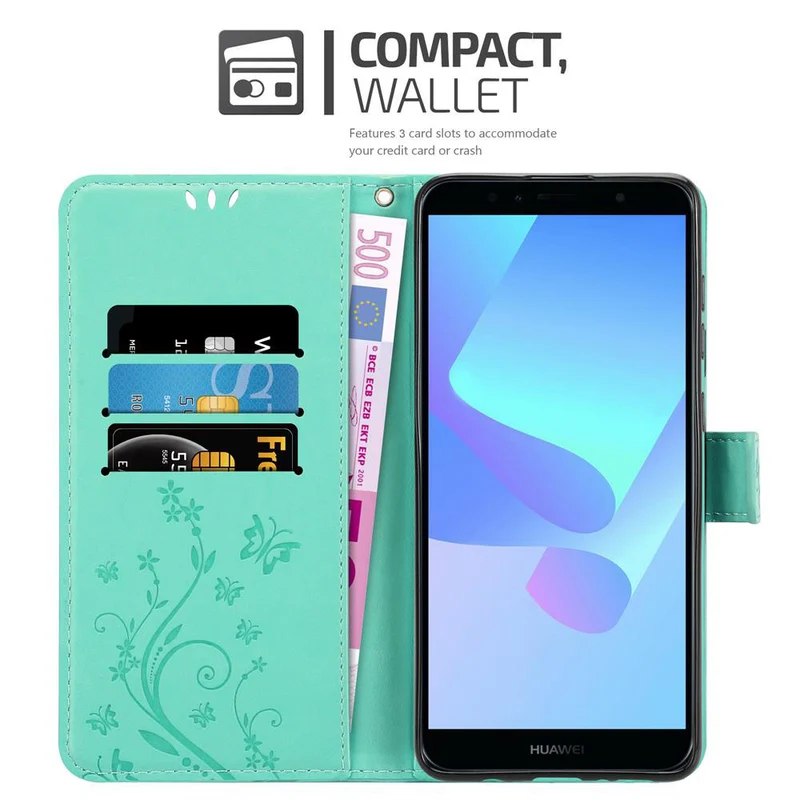 Cadorabo Hülle kompatibel mit Honor 7A / Huawei Y6 PRIME 2018 Schutzhülle im Blumen Design mit Magnetverschluss, Standfunktion und Kartenfächern