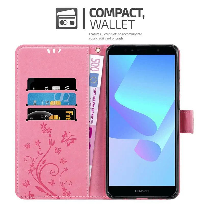 Cadorabo Hülle kompatibel mit Honor 7A / Huawei Y6 PRIME 2018 Schutzhülle im Blumen Design mit Magnetverschluss, Standfunktion und Kartenfächern
