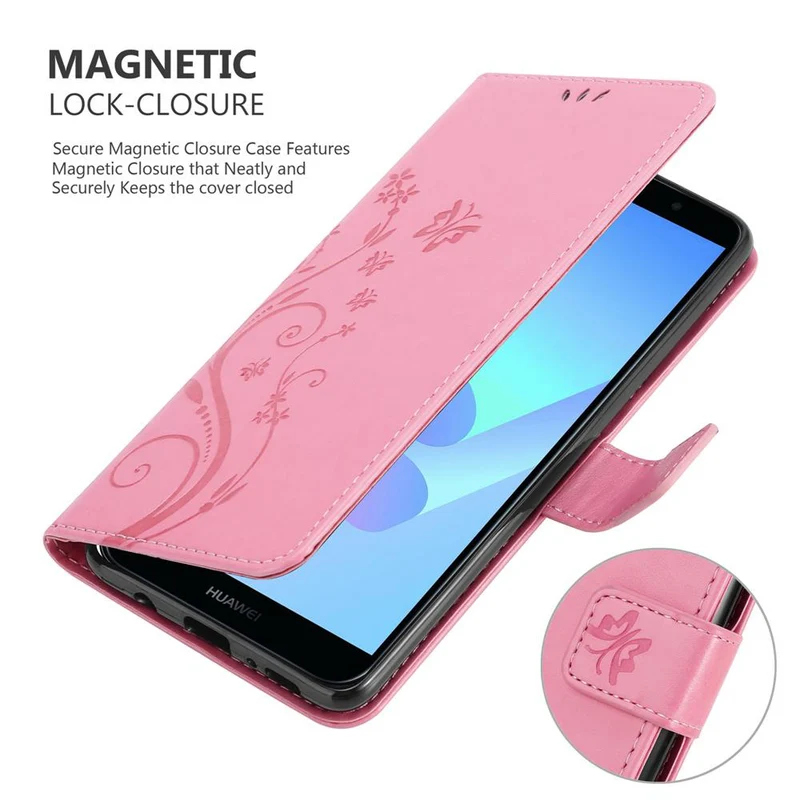 Cadorabo Hülle kompatibel mit Honor 7A / Huawei Y6 PRIME 2018 Schutzhülle im Blumen Design mit Magnetverschluss, Standfunktion und Kartenfächern