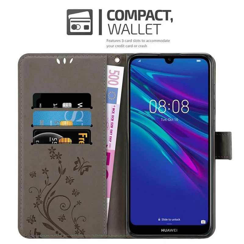 Cadorabo Hülle kompatibel mit Huawei Y6 2019 Schutzhülle im Blumen Design mit Magnetverschluss, Standfunktion und Kartenfächern