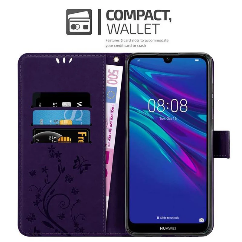 Cadorabo Hülle kompatibel mit Huawei Y6 2019 Schutzhülle im Blumen Design mit Magnetverschluss, Standfunktion und Kartenfächern
