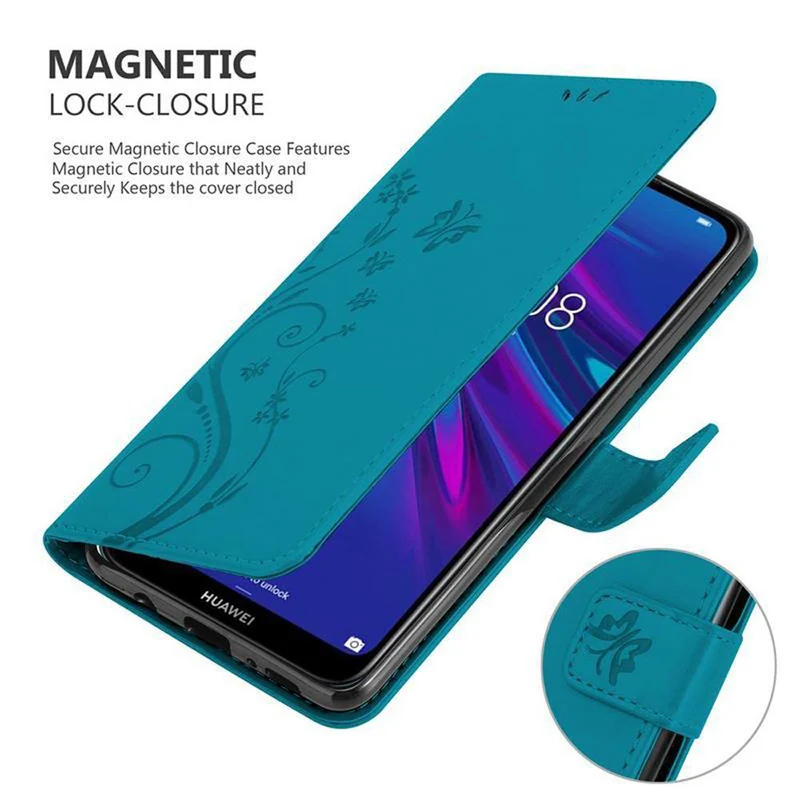 Cadorabo Hülle kompatibel mit Huawei Y6 2019 Schutzhülle im Blumen Design mit Magnetverschluss, Standfunktion und Kartenfächern