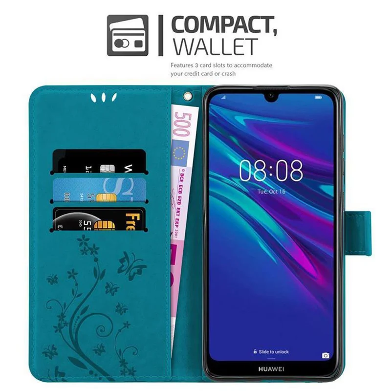 Cadorabo Hülle kompatibel mit Huawei Y6 2019 Schutzhülle im Blumen Design mit Magnetverschluss, Standfunktion und Kartenfächern