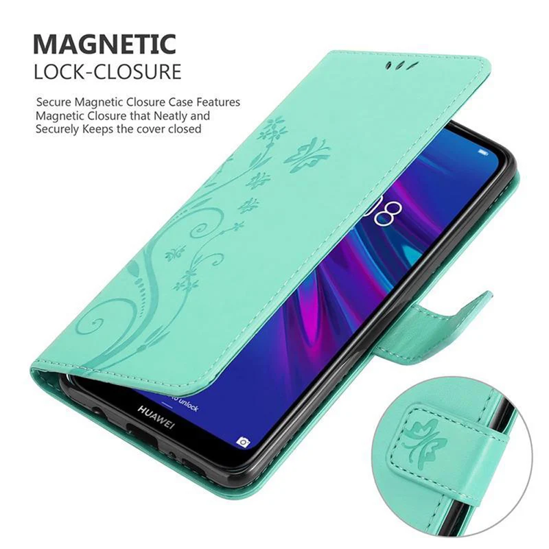 Cadorabo Hülle kompatibel mit Huawei Y6 2019 Schutzhülle im Blumen Design mit Magnetverschluss, Standfunktion und Kartenfächern