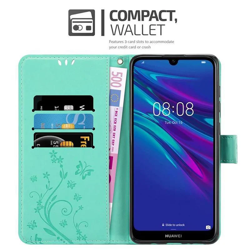 Cadorabo Hülle kompatibel mit Huawei Y6 2019 Schutzhülle im Blumen Design mit Magnetverschluss, Standfunktion und Kartenfächern