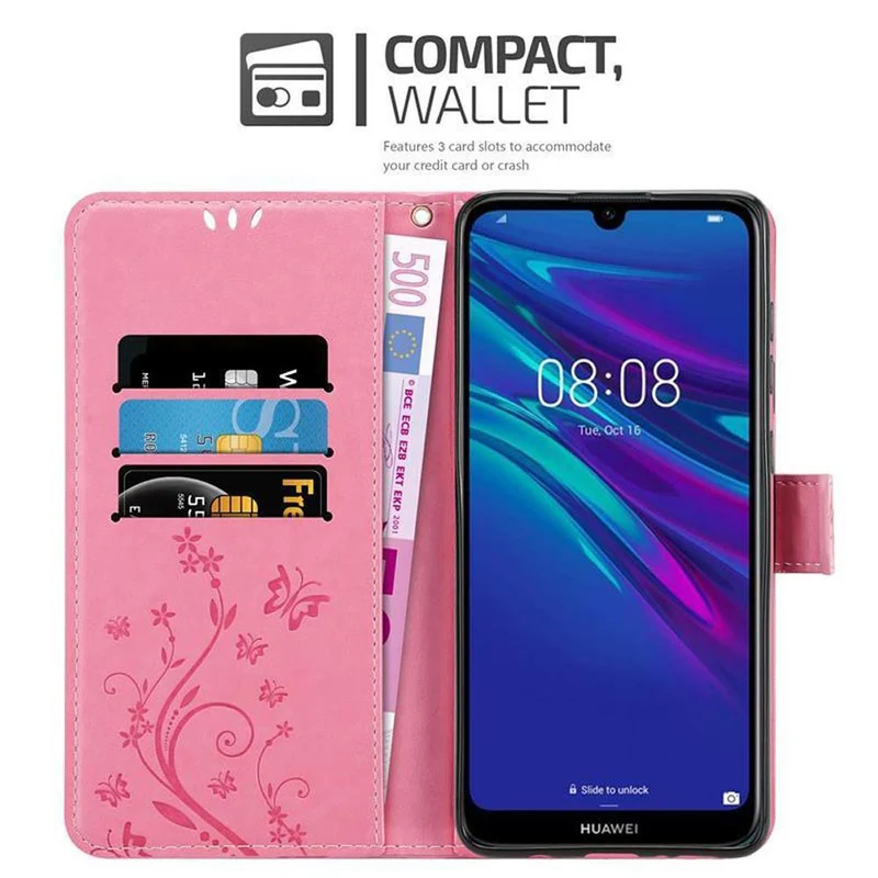 Cadorabo Hülle kompatibel mit Huawei Y6 2019 Schutzhülle im Blumen Design mit Magnetverschluss, Standfunktion und Kartenfächern