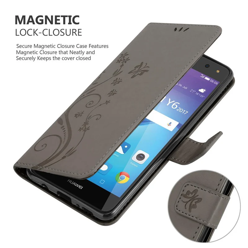 Cadorabo Hülle kompatibel mit Huawei Y5 2017 / Y6 2017 Schutzhülle im Blumen Design mit Magnetverschluss, Standfunktion und Kartenfächern