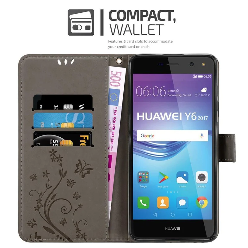 Cadorabo Hülle kompatibel mit Huawei Y5 2017 / Y6 2017 Schutzhülle im Blumen Design mit Magnetverschluss, Standfunktion und Kartenfächern
