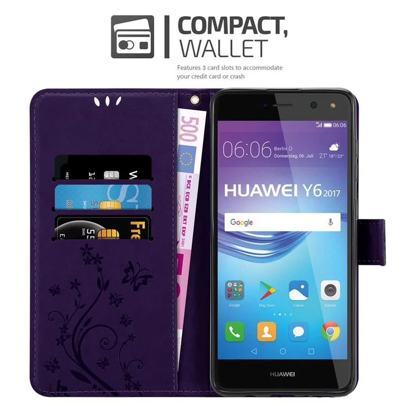 Cadorabo Hülle kompatibel mit Huawei Y5 2017 / Y6 2017 Schutzhülle im Blumen Design mit Magnetverschluss, Standfunktion und Kartenfächern