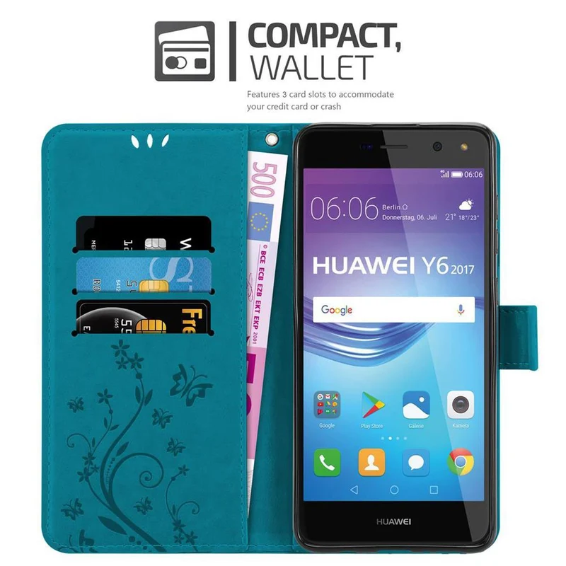 Cadorabo Hülle kompatibel mit Huawei Y5 2017 / Y6 2017 Schutzhülle im Blumen Design mit Magnetverschluss, Standfunktion und Kartenfächern