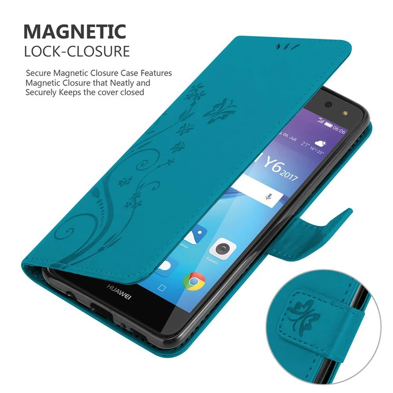 Cadorabo Hülle kompatibel mit Huawei Y5 2017 / Y6 2017 Schutzhülle im Blumen Design mit Magnetverschluss, Standfunktion und Kartenfächern