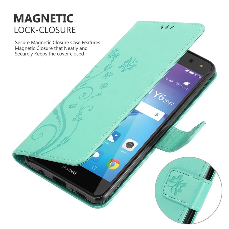 Cadorabo Hülle kompatibel mit Huawei Y5 2017 / Y6 2017 Schutzhülle im Blumen Design mit Magnetverschluss, Standfunktion und Kartenfächern