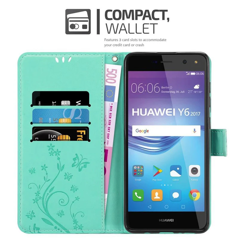 Cadorabo Hülle kompatibel mit Huawei Y5 2017 / Y6 2017 Schutzhülle im Blumen Design mit Magnetverschluss, Standfunktion und Kartenfächern