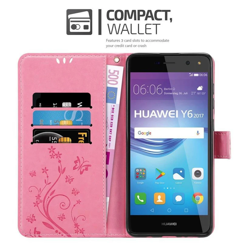Cadorabo Hülle kompatibel mit Huawei Y5 2017 / Y6 2017 Schutzhülle im Blumen Design mit Magnetverschluss, Standfunktion und Kartenfächern