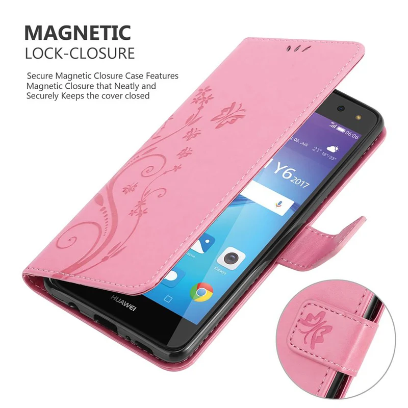 Cadorabo Hülle kompatibel mit Huawei Y5 2017 / Y6 2017 Schutzhülle im Blumen Design mit Magnetverschluss, Standfunktion und Kartenfächern