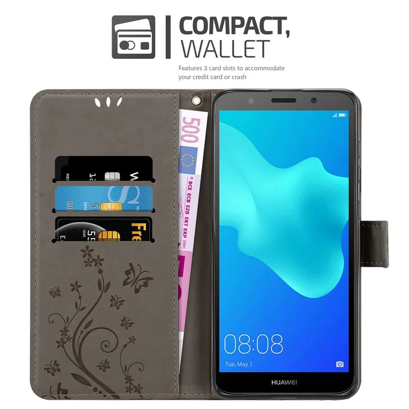 Cadorabo Hülle kompatibel mit Huawei Y5 PRIME 2018 / Y5 2018 Schutzhülle im Blumen Design mit Magnetverschluss, Standfunktion und Kartenfächern