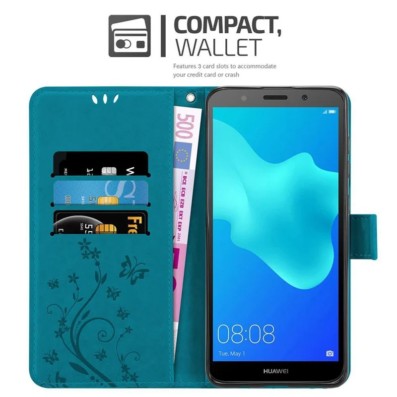 Cadorabo Hülle kompatibel mit Huawei Y5 PRIME 2018 / Y5 2018 Schutzhülle im Blumen Design mit Magnetverschluss, Standfunktion und Kartenfächern