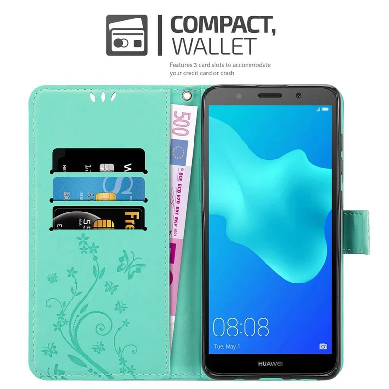 Cadorabo Hülle kompatibel mit Huawei Y5 PRIME 2018 / Y5 2018 Schutzhülle im Blumen Design mit Magnetverschluss, Standfunktion und Kartenfächern