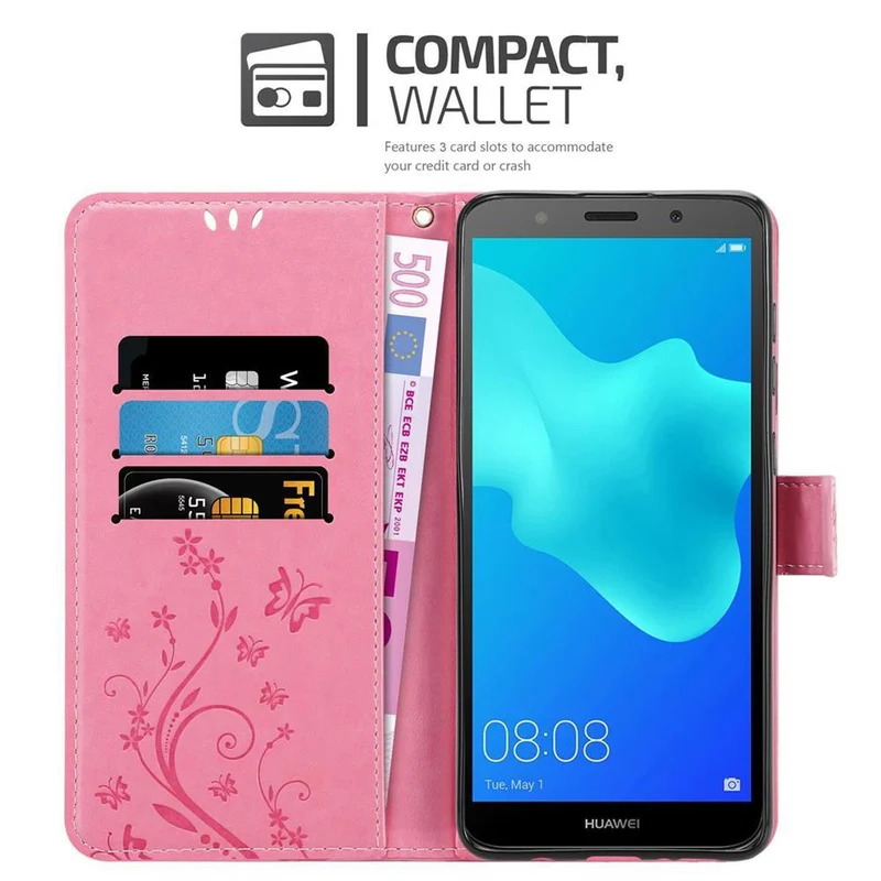 Cadorabo Hülle kompatibel mit Huawei Y5 PRIME 2018 / Y5 2018 Schutzhülle im Blumen Design mit Magnetverschluss, Standfunktion und Kartenfächern