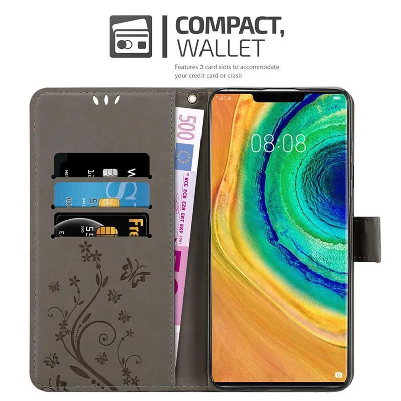 Cadorabo Hülle kompatibel mit Huawei MATE 30 PRO Schutzhülle im Blumen Design mit Magnetverschluss, Standfunktion und Kartenfächern