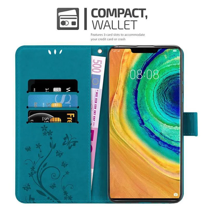 Cadorabo Hülle kompatibel mit Huawei MATE 30 PRO Schutzhülle im Blumen Design mit Magnetverschluss, Standfunktion und Kartenfächern