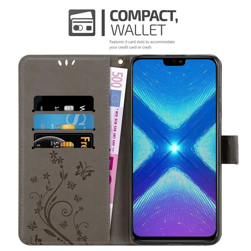 Cadorabo Hülle kompatibel mit Honor 8X Schutzhülle im Blumen Design mit Magnetverschluss, Standfunktion und Kartenfächern