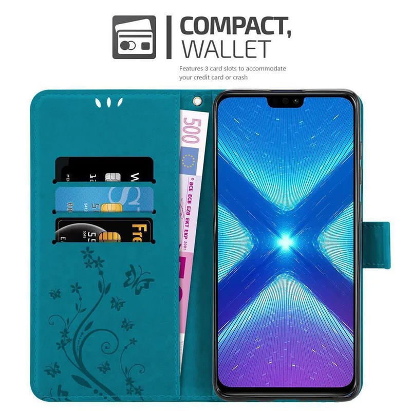 Cadorabo Hülle kompatibel mit Honor 8X Schutzhülle im Blumen Design mit Magnetverschluss, Standfunktion und Kartenfächern