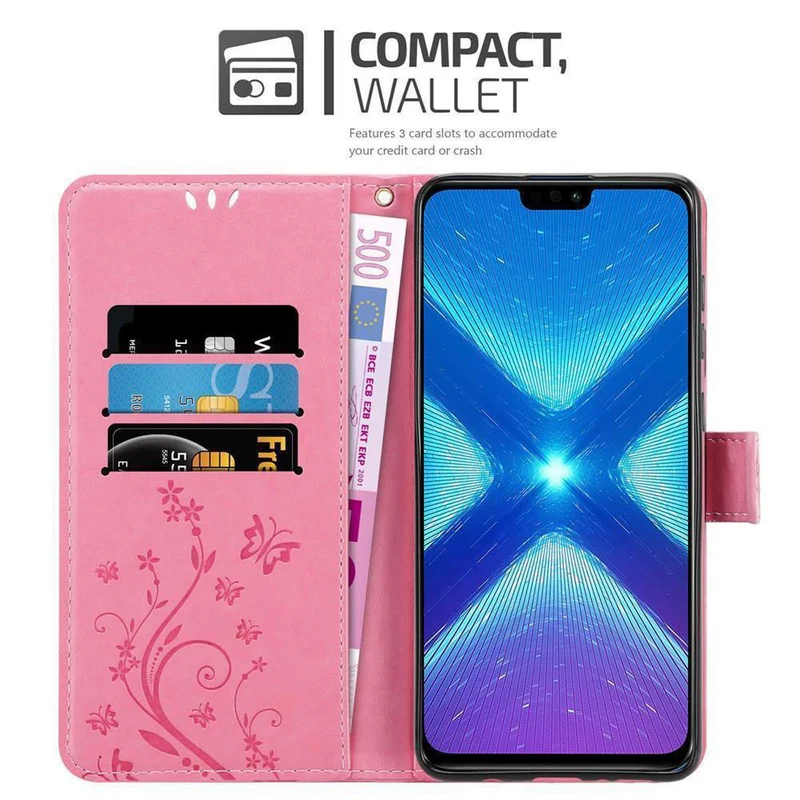 Cadorabo Hülle kompatibel mit Honor 8X Schutzhülle im Blumen Design mit Magnetverschluss, Standfunktion und Kartenfächern