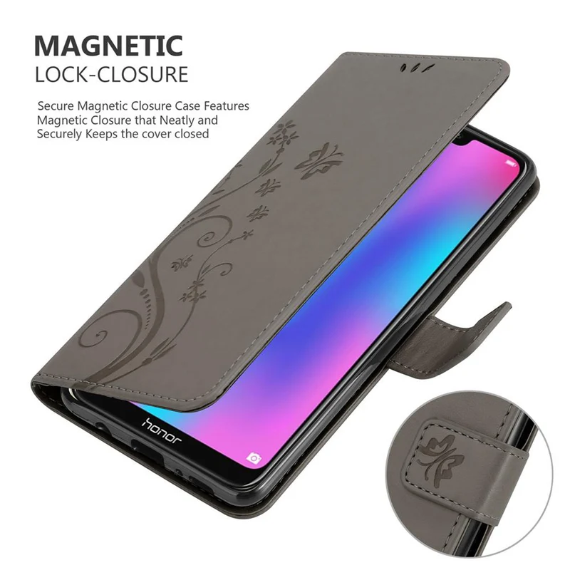 Cadorabo Hülle kompatibel mit Honor 8C Schutzhülle im Blumen Design mit Magnetverschluss, Standfunktion und Kartenfächern