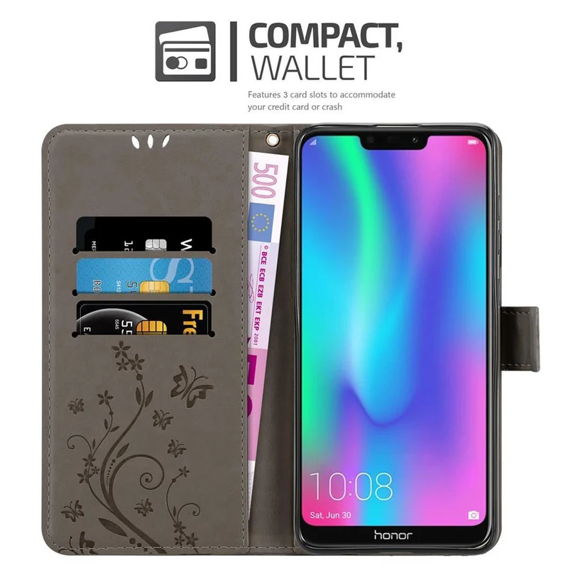 Cadorabo Hülle kompatibel mit Honor 8C Schutzhülle im Blumen Design mit Magnetverschluss, Standfunktion und Kartenfächern