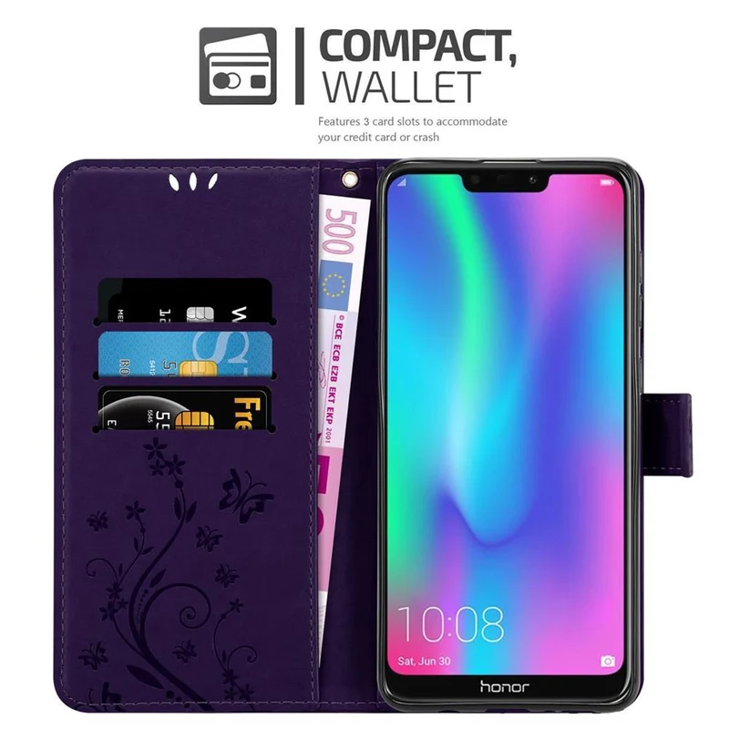 Cadorabo Hülle kompatibel mit Honor 8C Schutzhülle im Blumen Design mit Magnetverschluss, Standfunktion und Kartenfächern