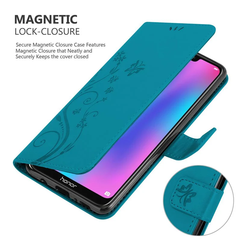 Cadorabo Hülle kompatibel mit Honor 8C Schutzhülle im Blumen Design mit Magnetverschluss, Standfunktion und Kartenfächern