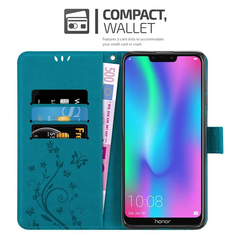 Cadorabo Hülle kompatibel mit Honor 8C Schutzhülle im Blumen Design mit Magnetverschluss, Standfunktion und Kartenfächern
