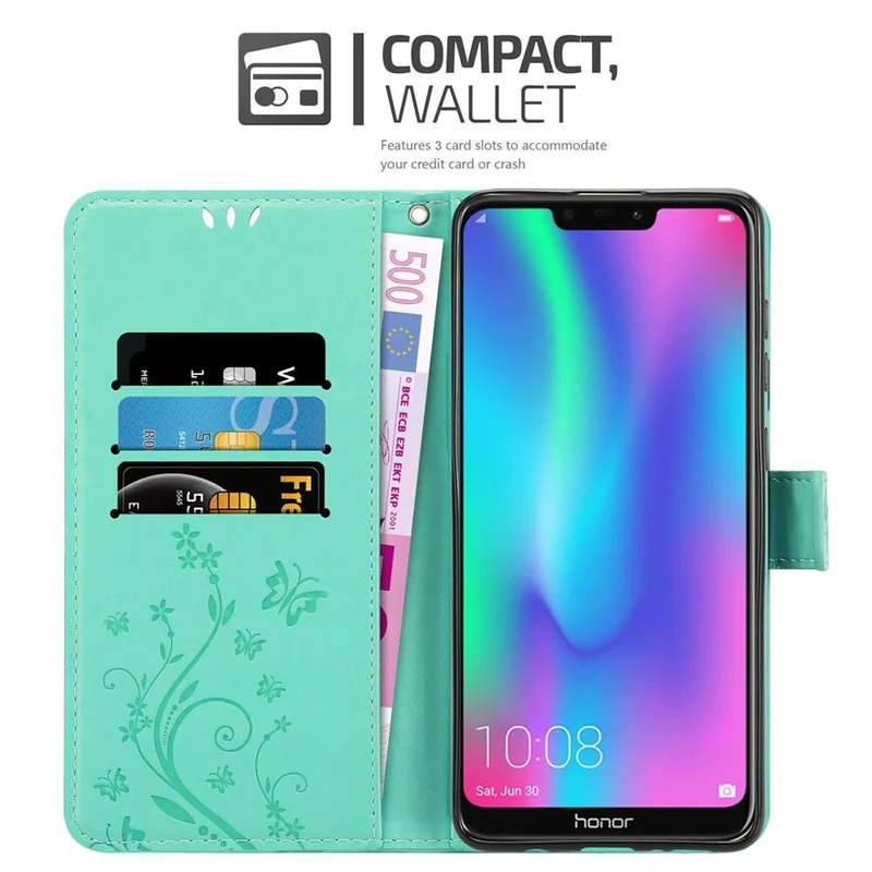 Cadorabo Hülle kompatibel mit Honor 8C Schutzhülle im Blumen Design mit Magnetverschluss, Standfunktion und Kartenfächern