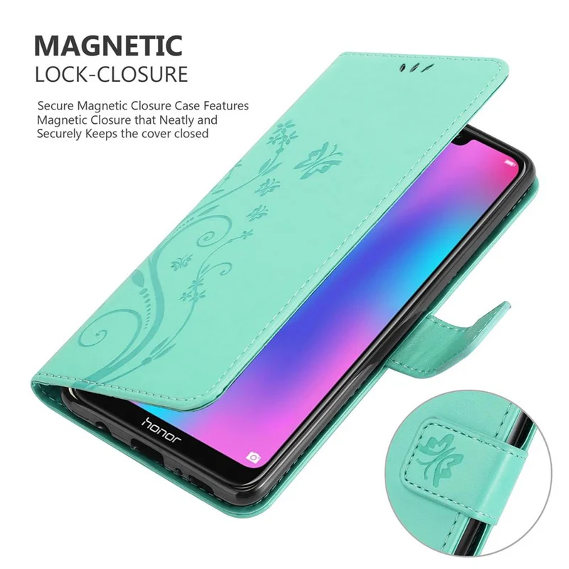 Cadorabo Hülle kompatibel mit Honor 8C Schutzhülle im Blumen Design mit Magnetverschluss, Standfunktion und Kartenfächern
