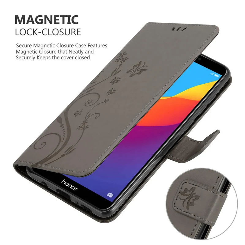 Cadorabo Hülle kompatibel mit Honor 7C / Huawei Y7 2018 Schutzhülle im Blumen Design mit Magnetverschluss, Standfunktion und Kartenfächern